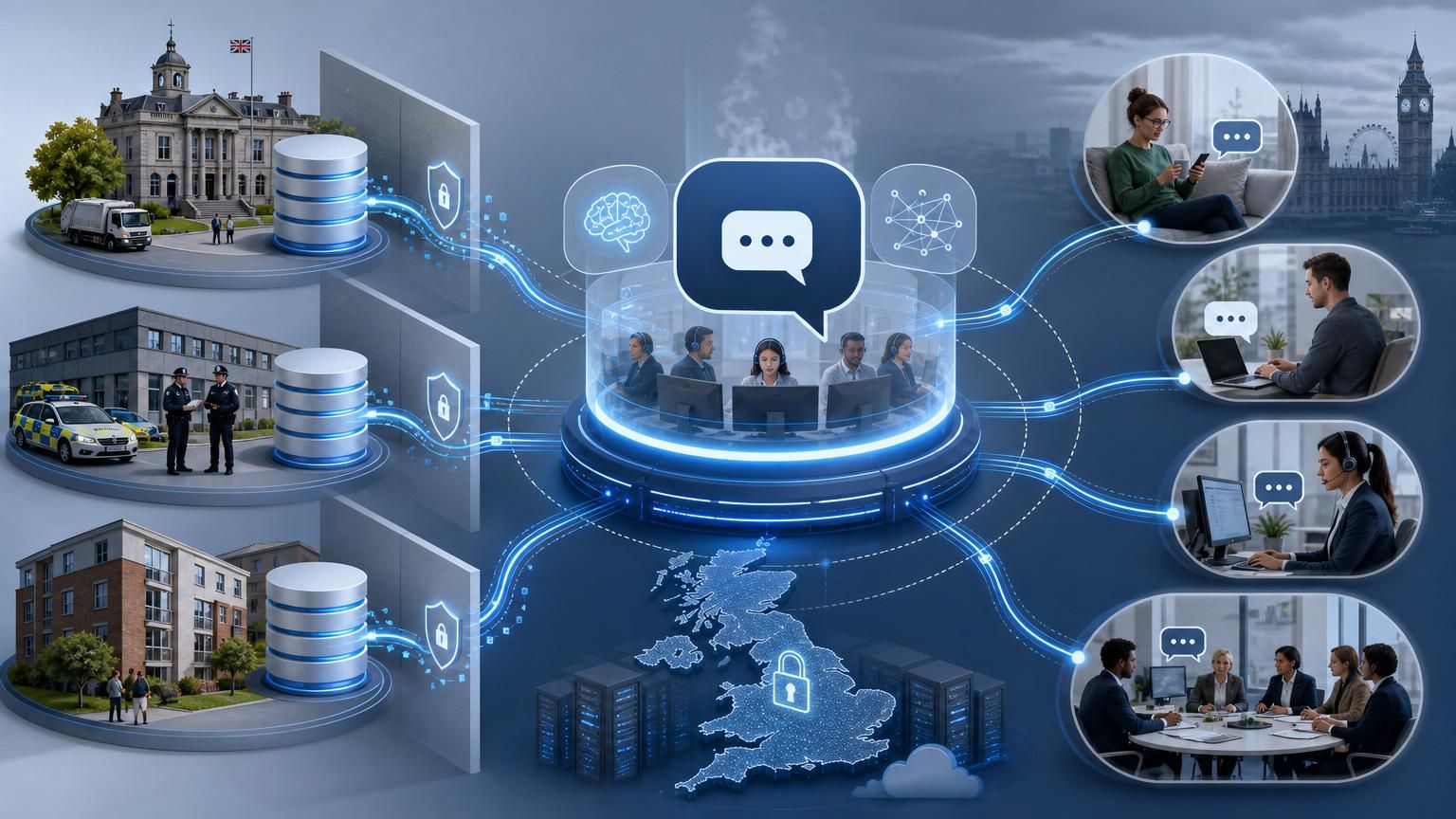 Federated hybrid AI live chat to power multi‑tenant UK shared service desks (councils, police, housing associations) while keeping data separated and UK‑hosted.