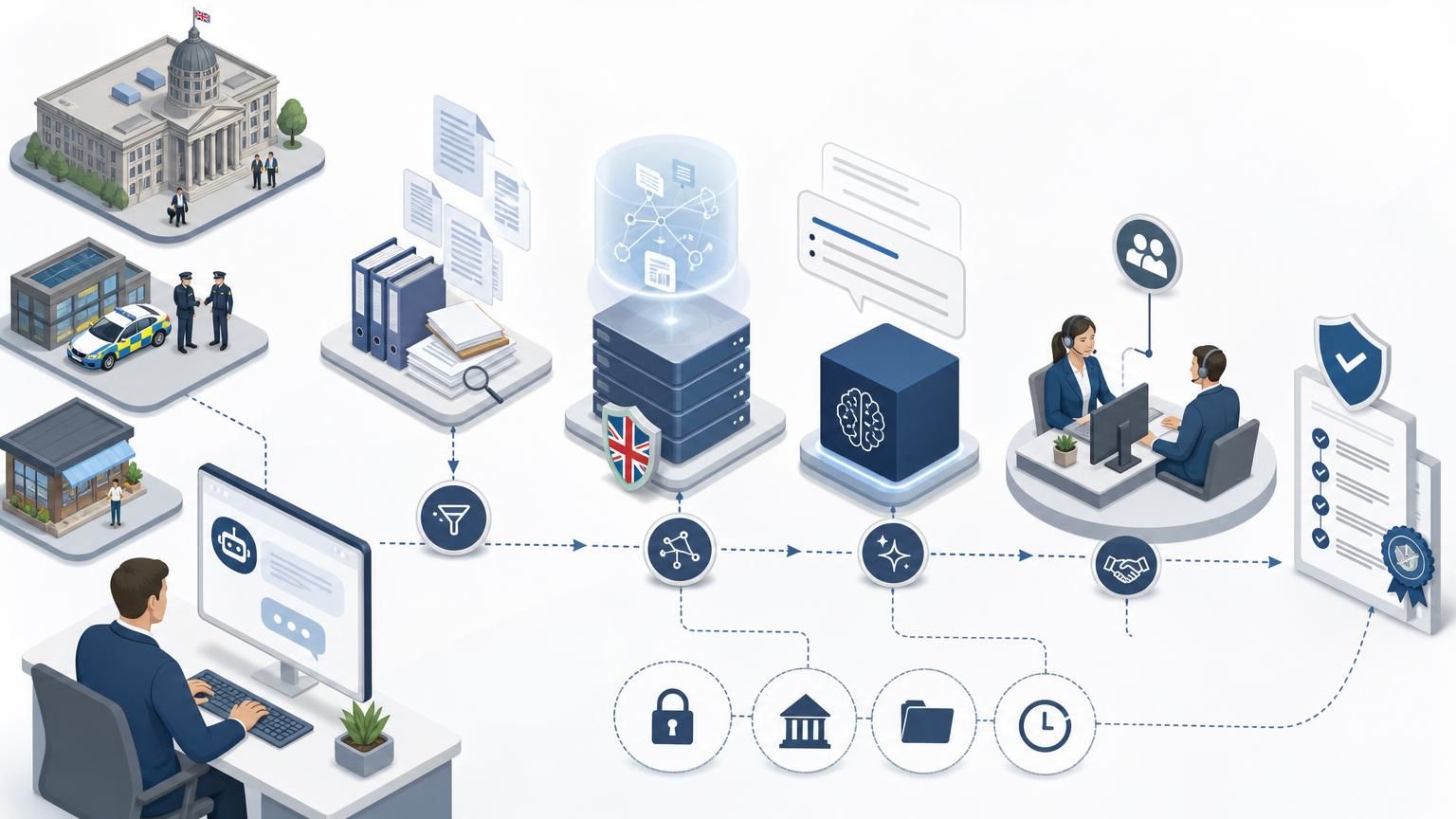 Using hybrid AI live chat to support complex B2B buying and public‑sector procurement workflows with UK‑hosted RAG retrieval and auditable human handovers.