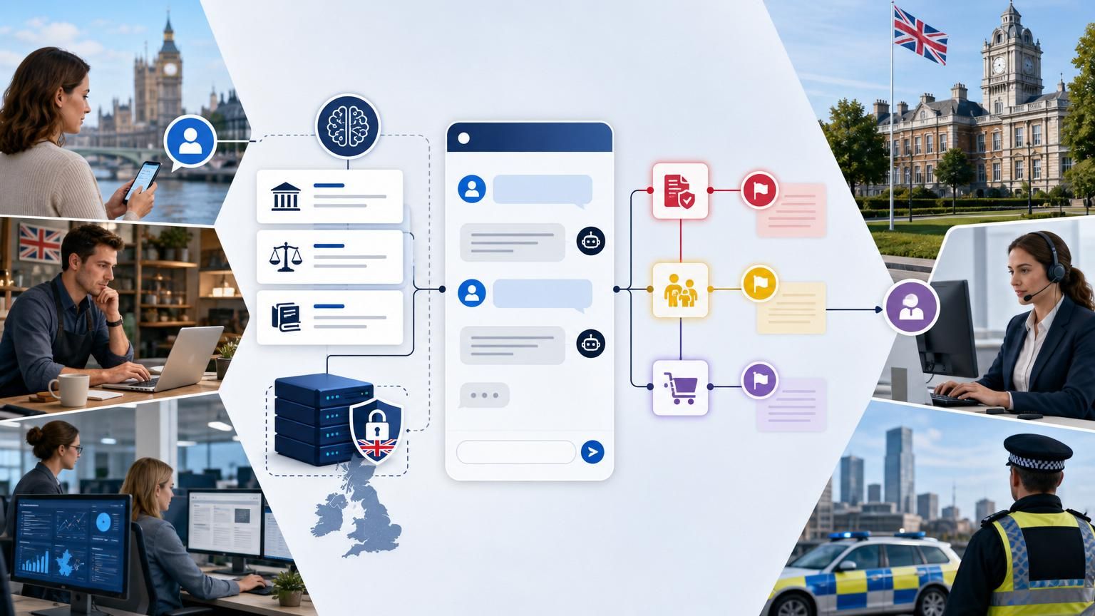 Policy-aware hybrid AI live chat that enforces public-sector rules, FOI/safeguarding flags, and UK data residency at the point of contact.
