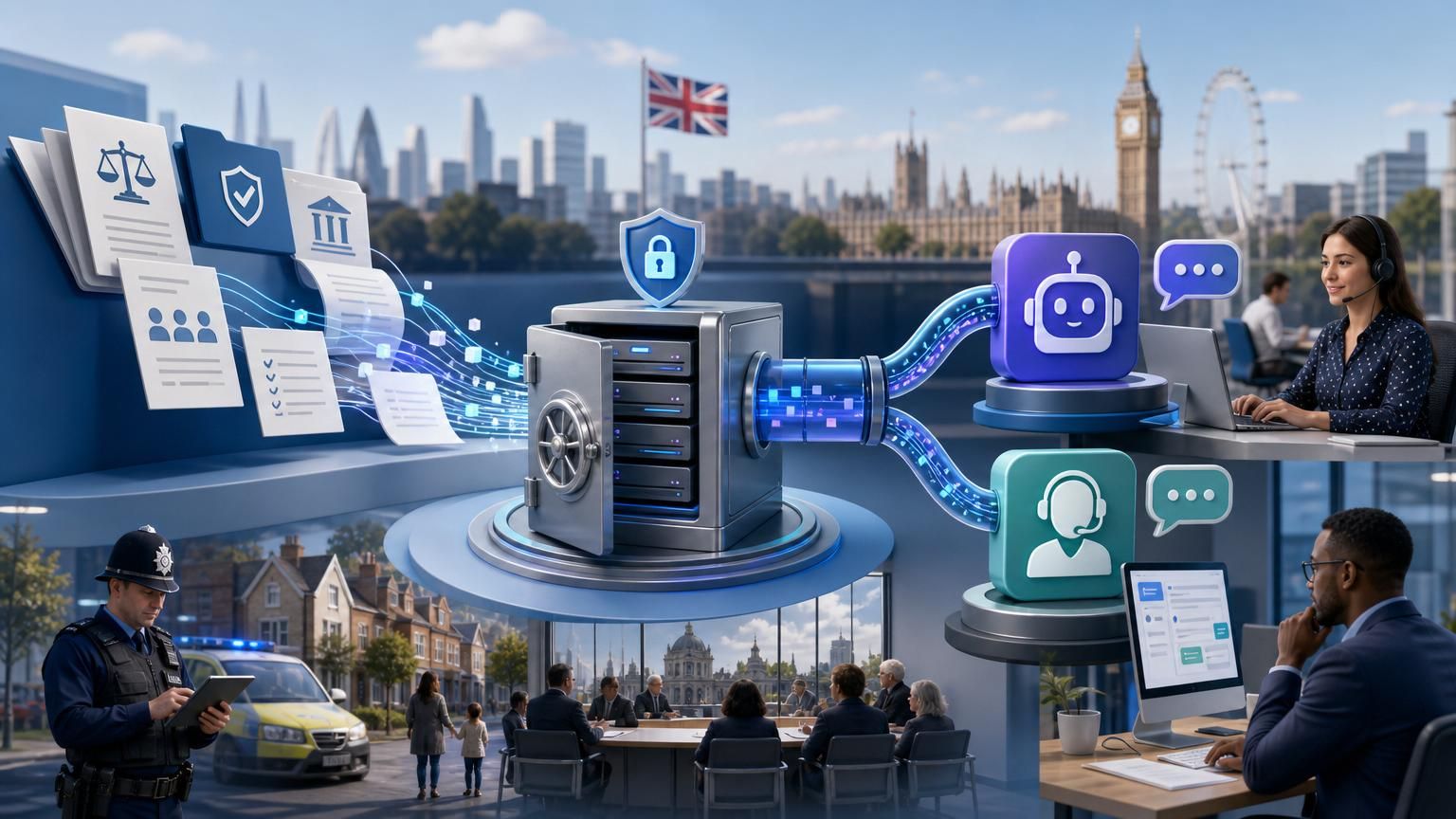 Policy‑aware hybrid AI live chat that embeds UK rules and local policies into RAG-enabled workflows for public services