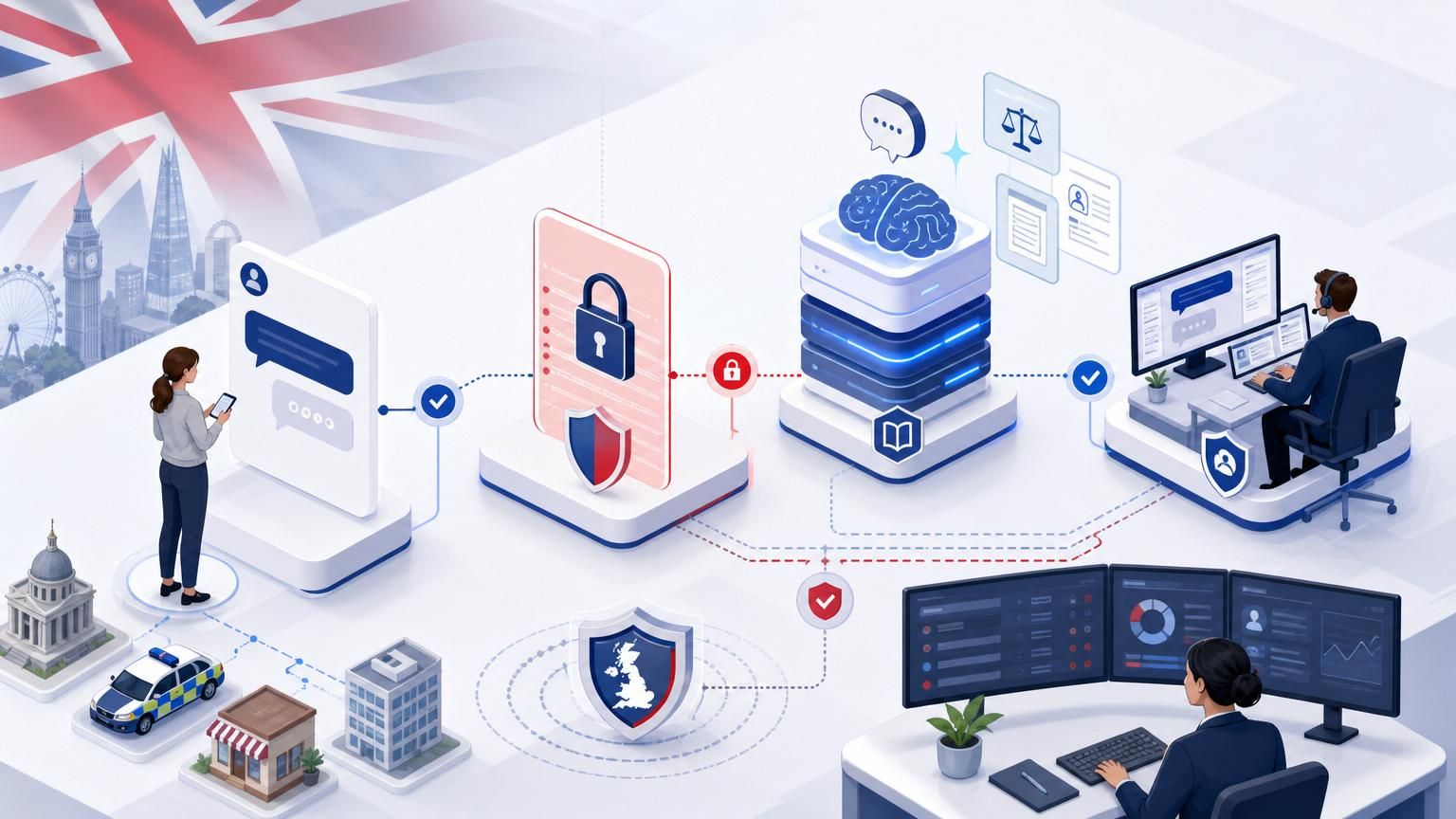 Progressive disclosure for identity-safe hybrid AI triage in UK-hosted live chat