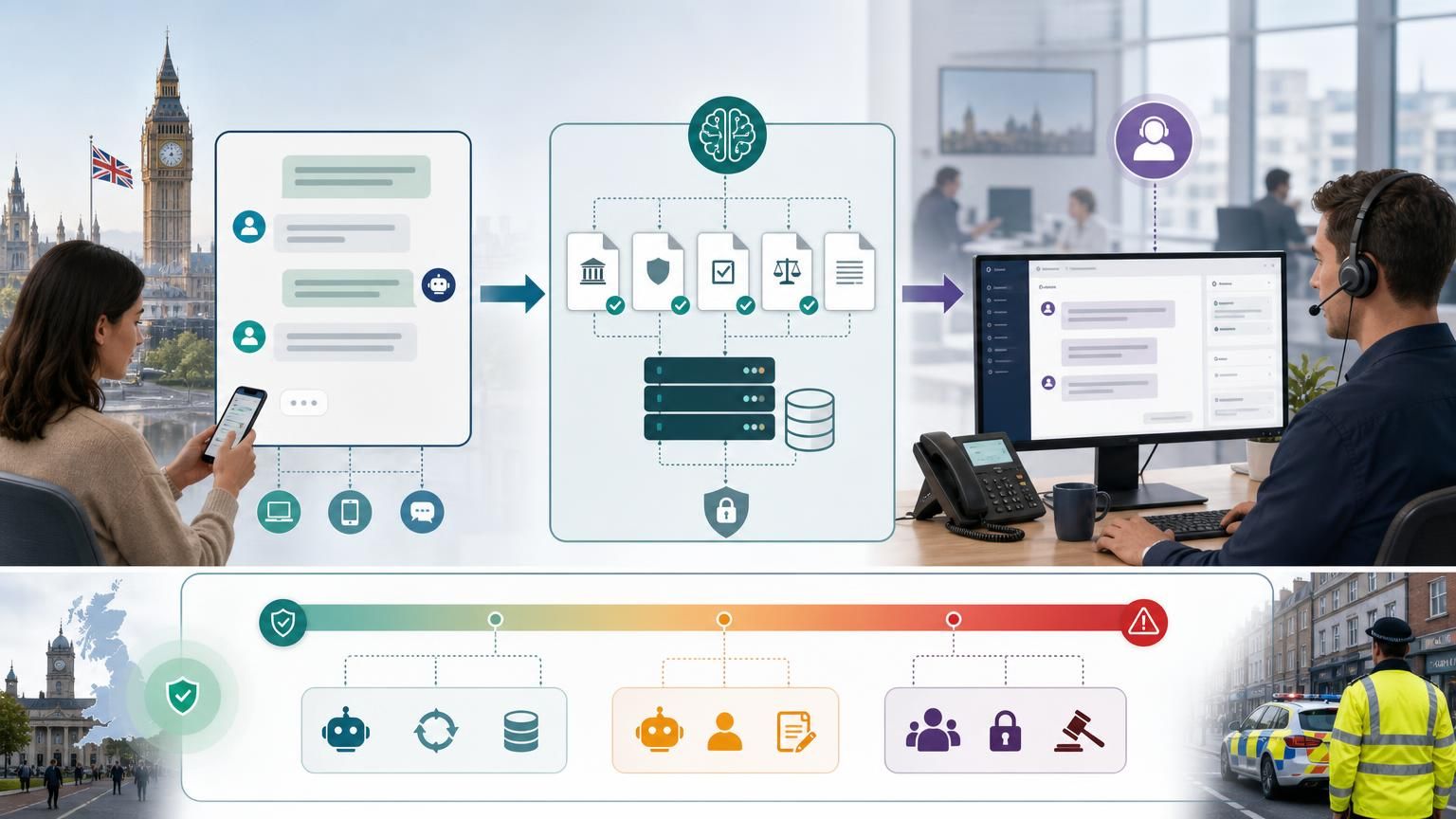 Risk‑adaptive hybrid AI live chat that changes autonomy, logging and handover rules by conversation risk for UK public sector and regulated teams